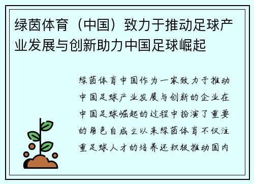 绿茵体育（中国）致力于推动足球产业发展与创新助力中国足球崛起